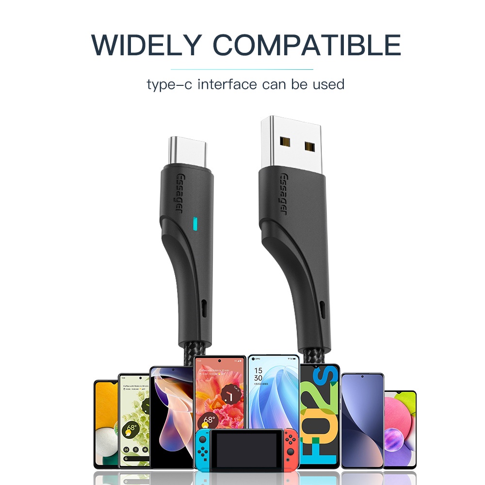 Dây cáp sạc nhanh ESSAGER usb type C 3a có đèn LED dài 0.25-3m cho điện thoại Realme Samsung