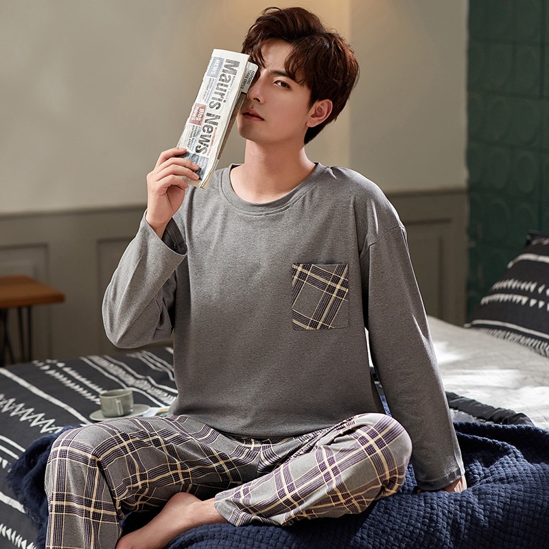 Bộ Đồ Ngủ Vải Cotton Tay Dài Cổ Tròn Dáng Rộng Thoải Mái Thời Trang Cho Nam