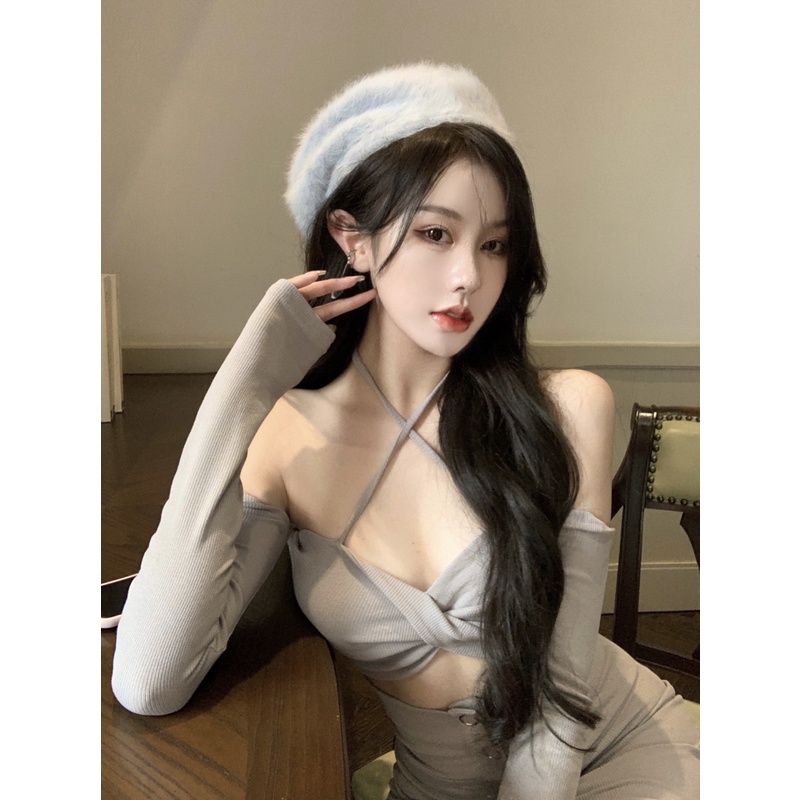 Áo thun tay dài cổ yếm / chân váy ngắn thời trang quyến rũ cho nữ