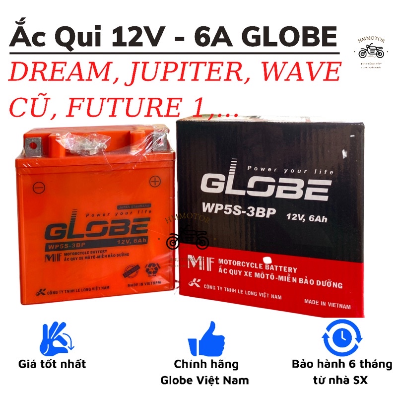 Ắc Qui Globe 12V-6A xe Dream, Future, Jupiter, Wave anpha