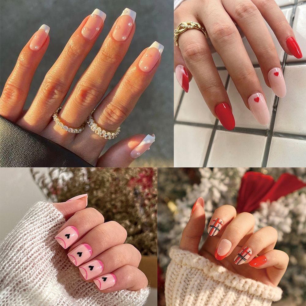CACTU Bộ 24 Móng Tay Giả Đính Pha Lê Màu Đỏ Có Thể Tháo Rời