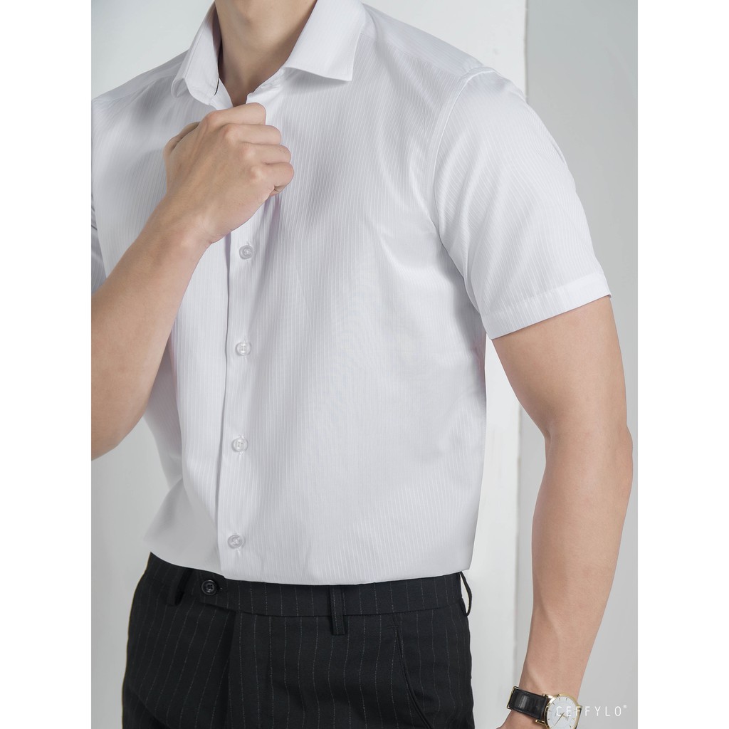 Sơ mi nam cộc tay Trắng kẻ sọc cao cấp CEFFYLO chất Cotton thoáng mát, thấm hút mồ hôi