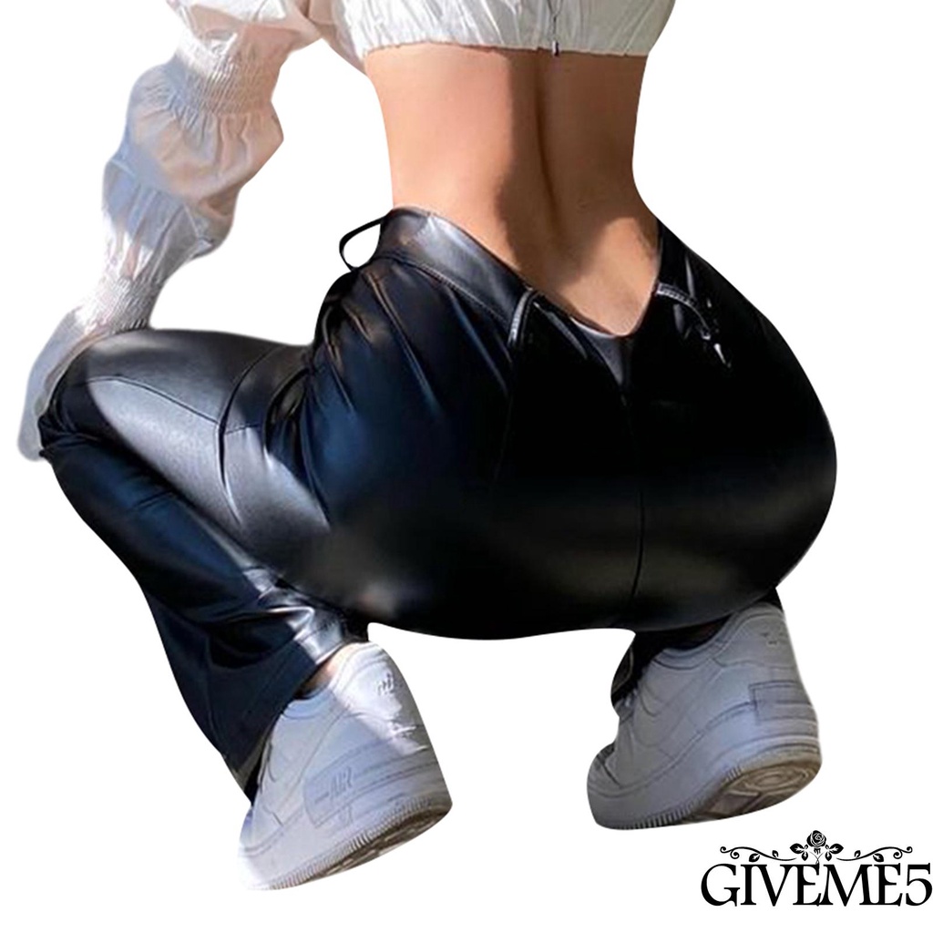 Quần Dài Da Pu Ống Rộng Lưng Cao Thời Trang Cá Tính Cho Nữ