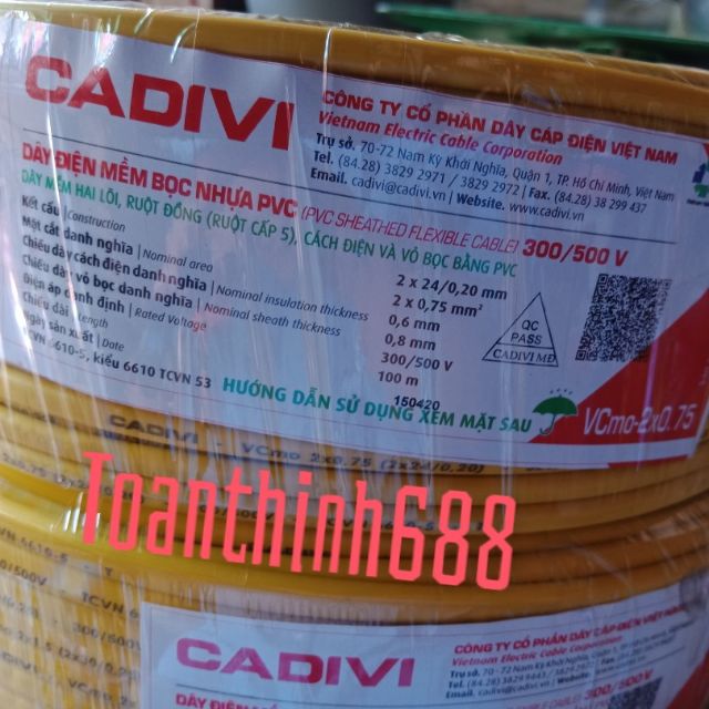 Dây điện đôi 2x0.75 cadivi 2 lớp vỏ bọc dẹp(100mét)