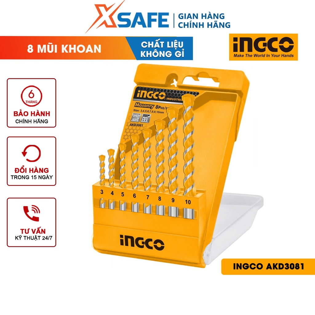 Bộ mũi khoan bê tông 8 chi tiết INGCO AKD3081 Bộ 8 mũi khoan đuôi trơn đóng gói hộp nhựa chắc chắn