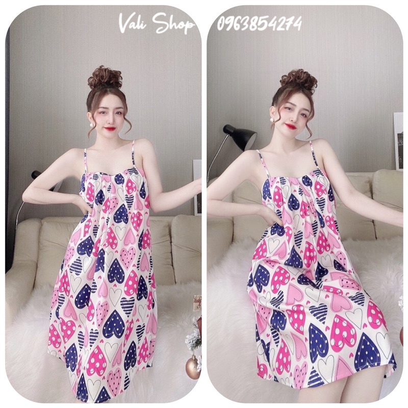 Váy ngủ lụa latin 2 dây xếp ly hoạ tiết freesize 42-60kg