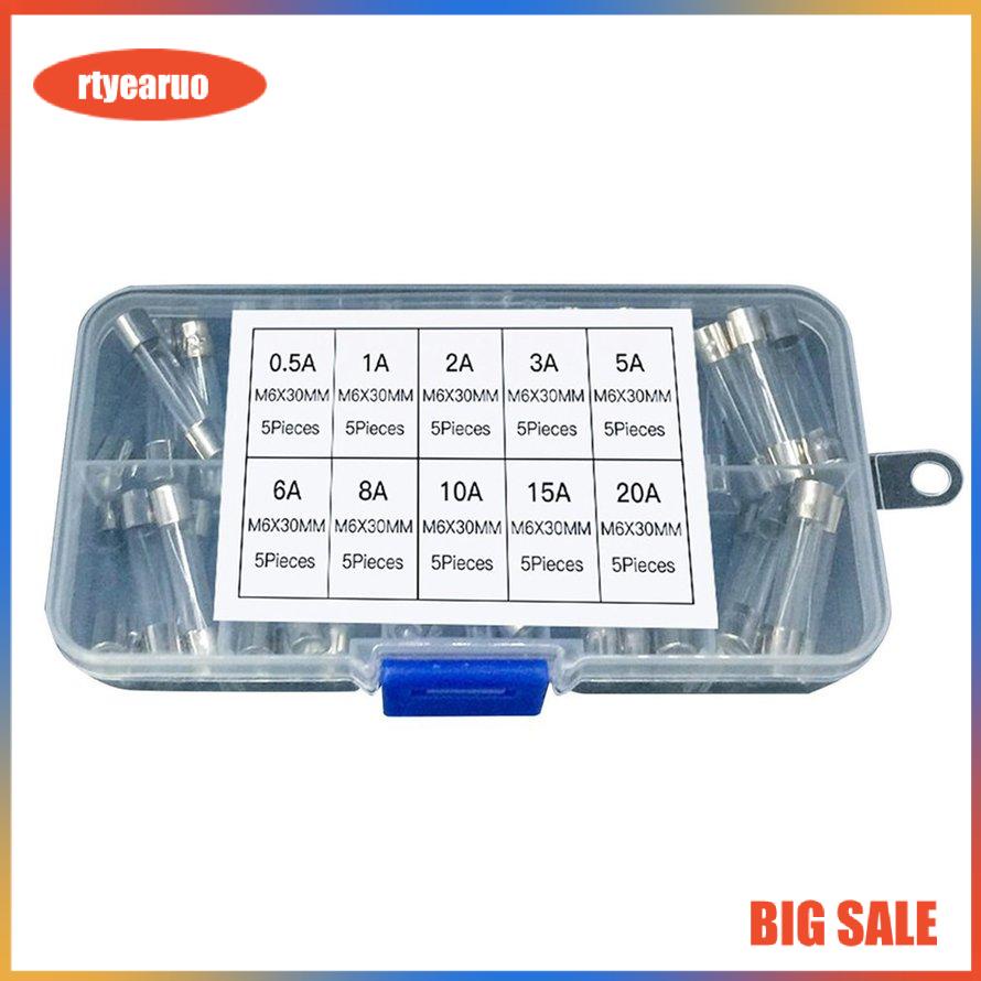 50PCS 6x30mm Fast Blow Fuse Glass Tube Fuse Assorted Mixed Kit Insurance Tube 0.5A/1A/2A/3A/5A/6A/8A/10A/15A/20A