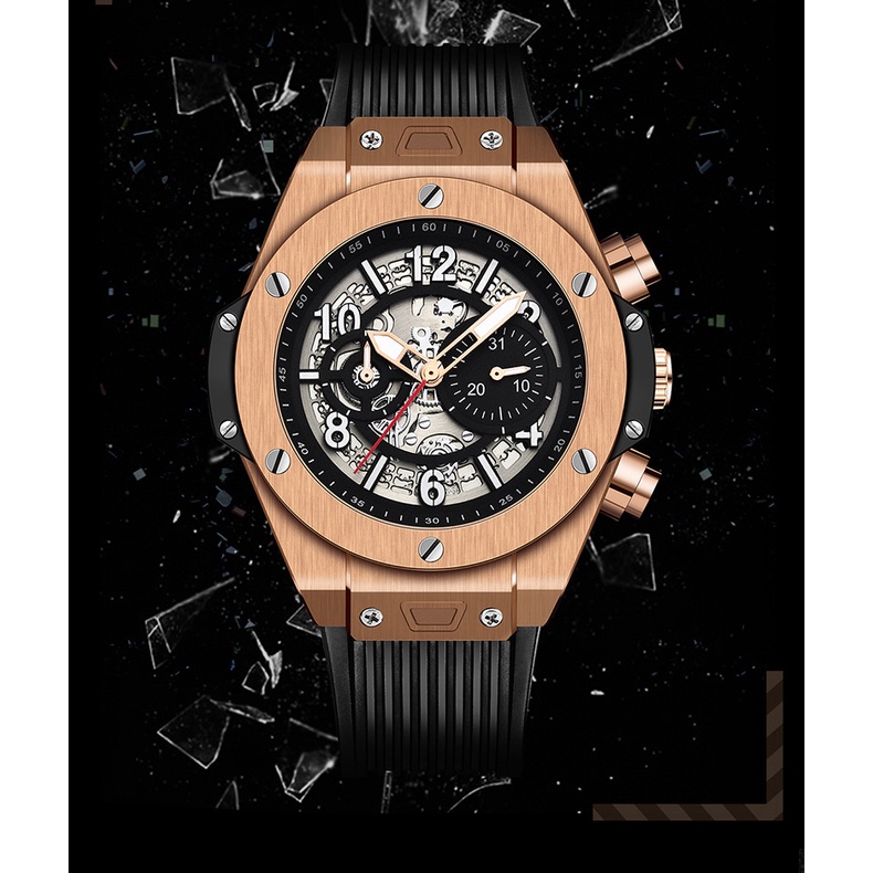 Đồng hồ cơ nam tự động automatic dây cao su chính hãng KIMSDUN K-523A lộ máy sang trọng cao cấp