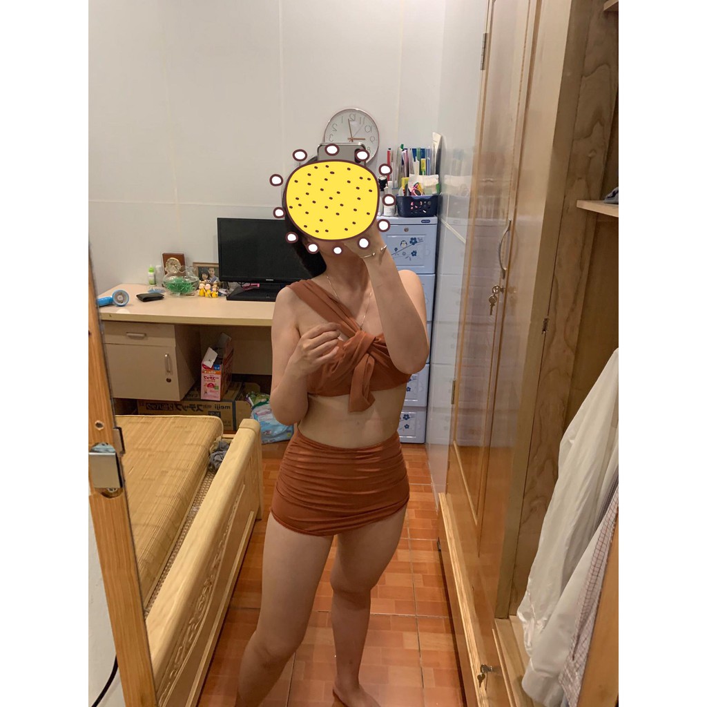 Bikini áo tắm đồ bơi 2 mảnh nơ lệch vai chéo vai cam đất (Ảnh thật) | BigBuy360 - bigbuy360.vn