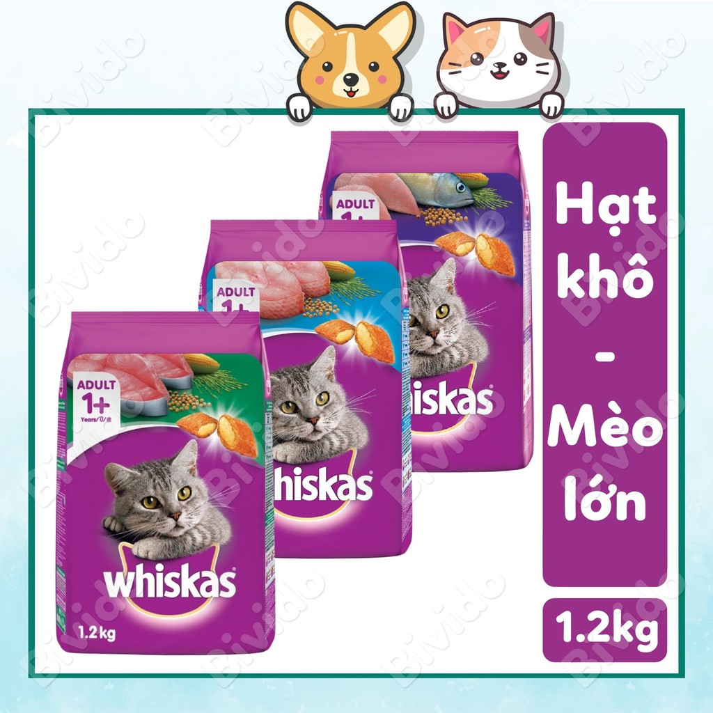 Thức ăn mèo lớn Whiskas Adult vị cá ngừ, cá thu, cá biển túi 1.2kg - Bivido