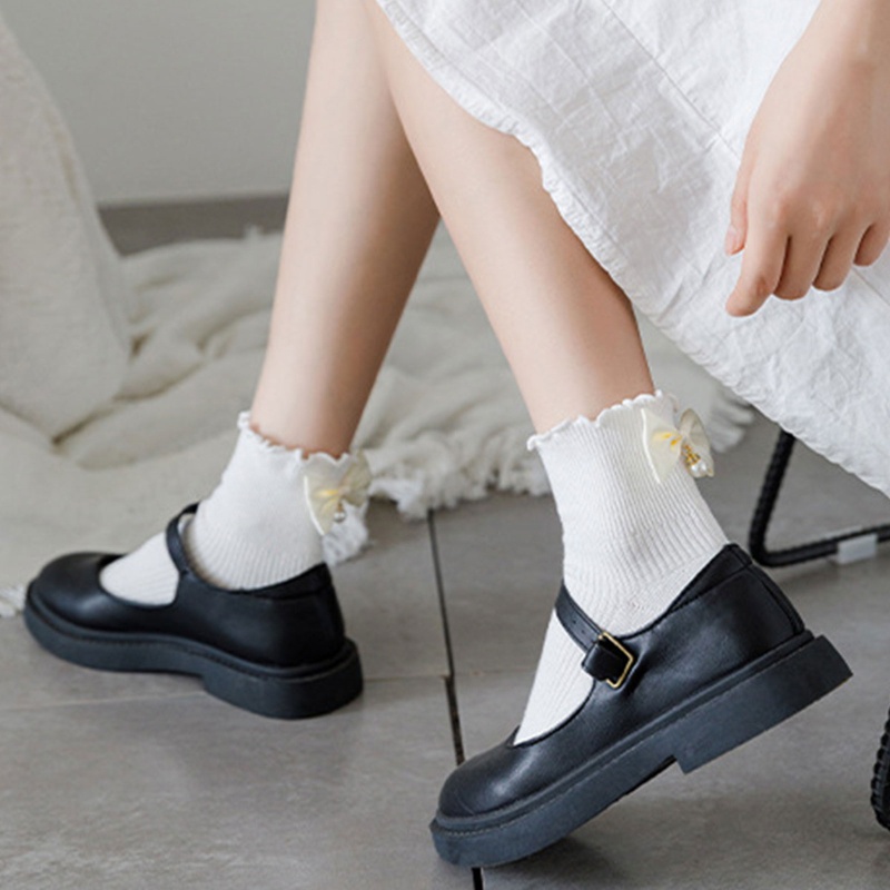 Vớ Cotton Cổ Thuyền Có Gân Đính Nơ Ngọc Trai Ngọt Ngào Phong Cách Lolita Nhật Bản Cho Nữ Pr