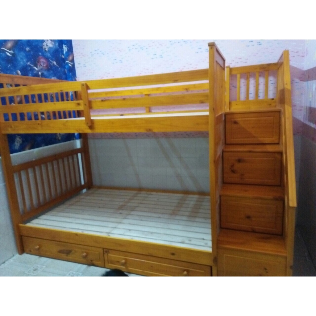 Giường Tầng 1m2/1m2 Cao Cấp - Cầu Thang An Toàn Kết Hợp Hộc Kéo Tiện Lợi - Vạt Giường Nằm Chiếu