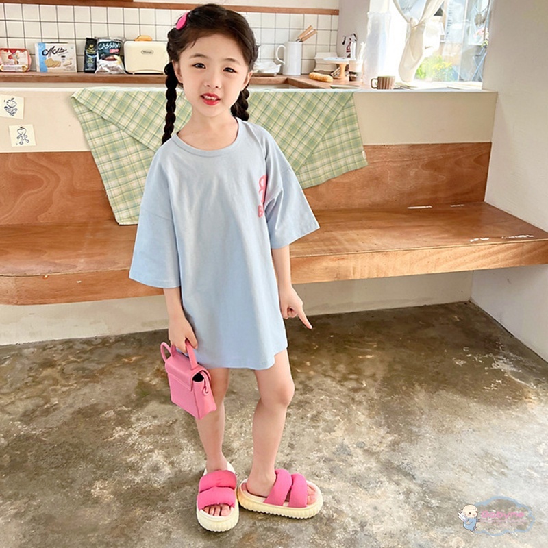 Áo Thun Tay Ngắn Màu Trơn Thoáng Khí In Chữ Dễ Thương Cho Bé Gái
