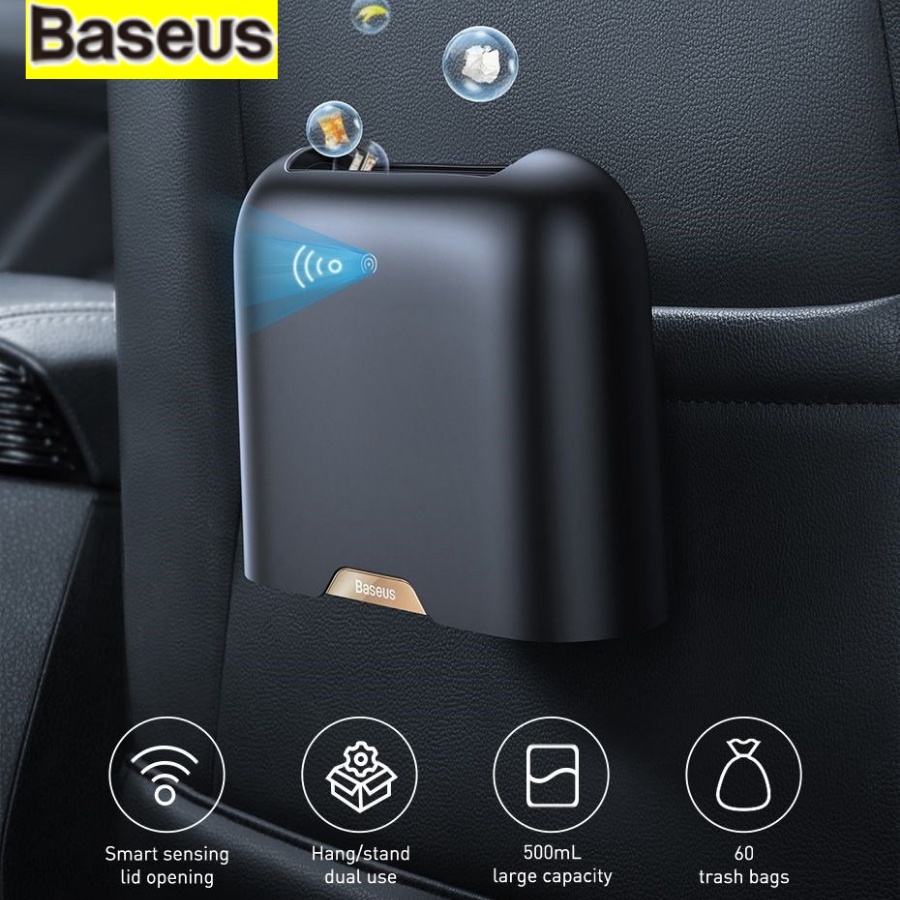 Thùng rác cảm ứng gắn xe ô tô Baseus, thùng rác pin sạc mini cảm biến mở nắp tự động thông minh, kèm 60 túi rác LVC006
