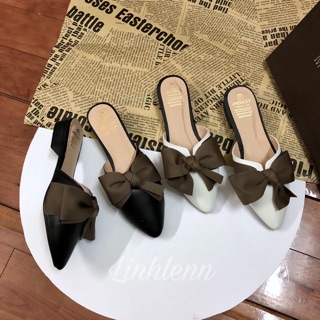 Giày mules nơ mũi nhọn gót vuông 3cm