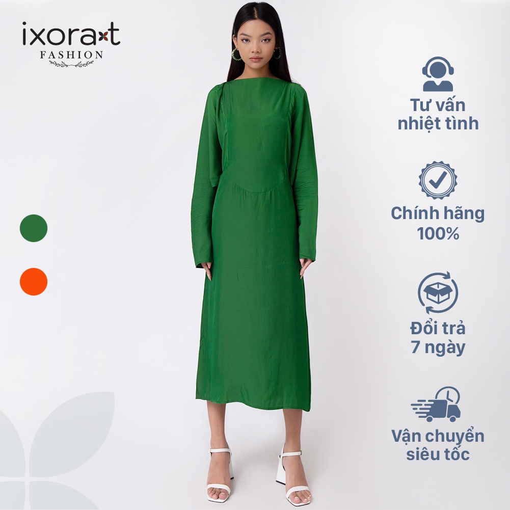 Đầm midi nữ IXORAT FASHION - Đầm suông cổ thuyền cao thiết kế tay cánh dơi dài sang trọng