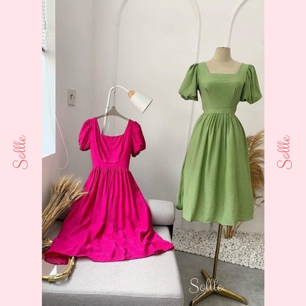 𝑿𝒂̉ 𝒌𝒉𝒐 - Đầm babydoll váy đũi cổ vuông tay bồng thắt nơ eo nhiều màu Sollle