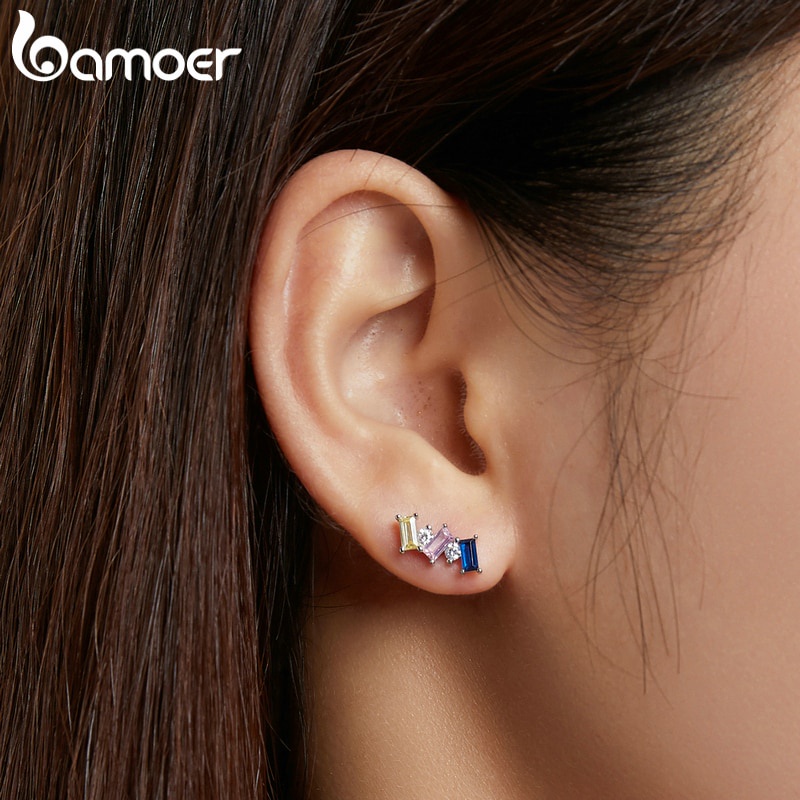 Đôi bông tai Bamoer SCE1208 bằng bạc 925 đính đá Zircon hình vuông nhiều màu chống dị ứng cho nữ