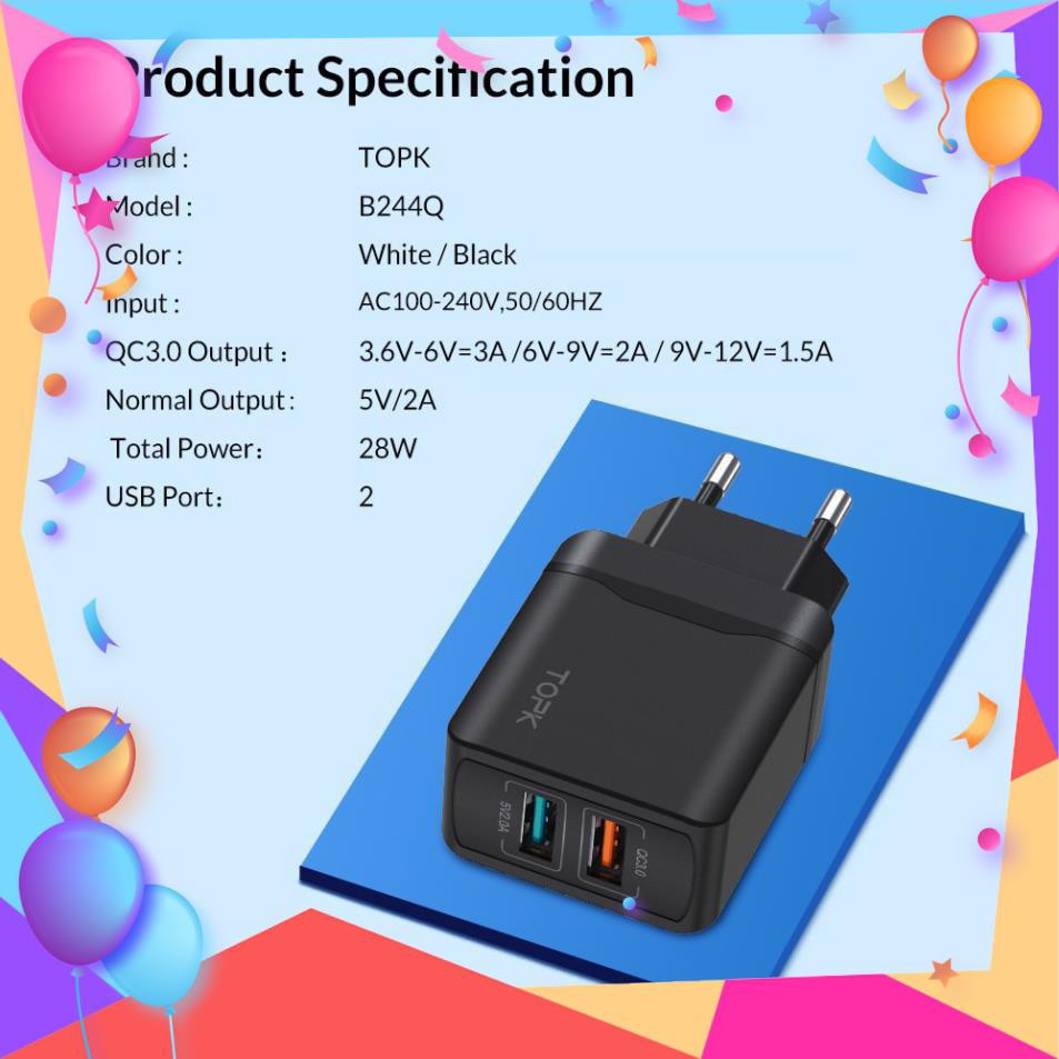 Củ Sạc Nhanh TOPK B244Q Chia Hai Cổng Kết Nối USB Sạc Nhanh 28W QC 3.0 Đầu Cắm EU Dùng Khi Du Lịch