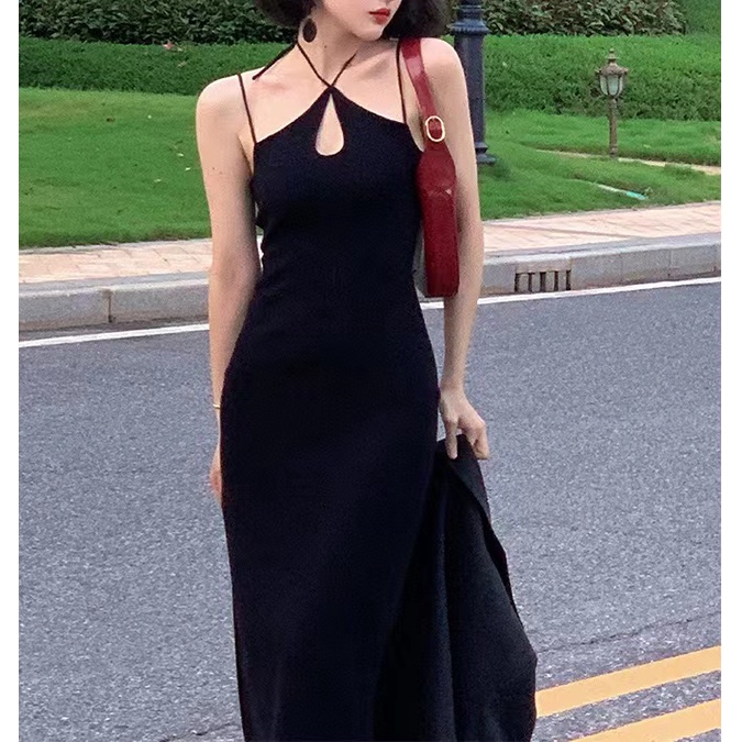 SUXI Đầm Dệt Kim Cổ Yếm Hở Vai Màu Sắc Trơn Phong Cách Vintage Thời Trang Mùa Hè Dành Cho Nữ