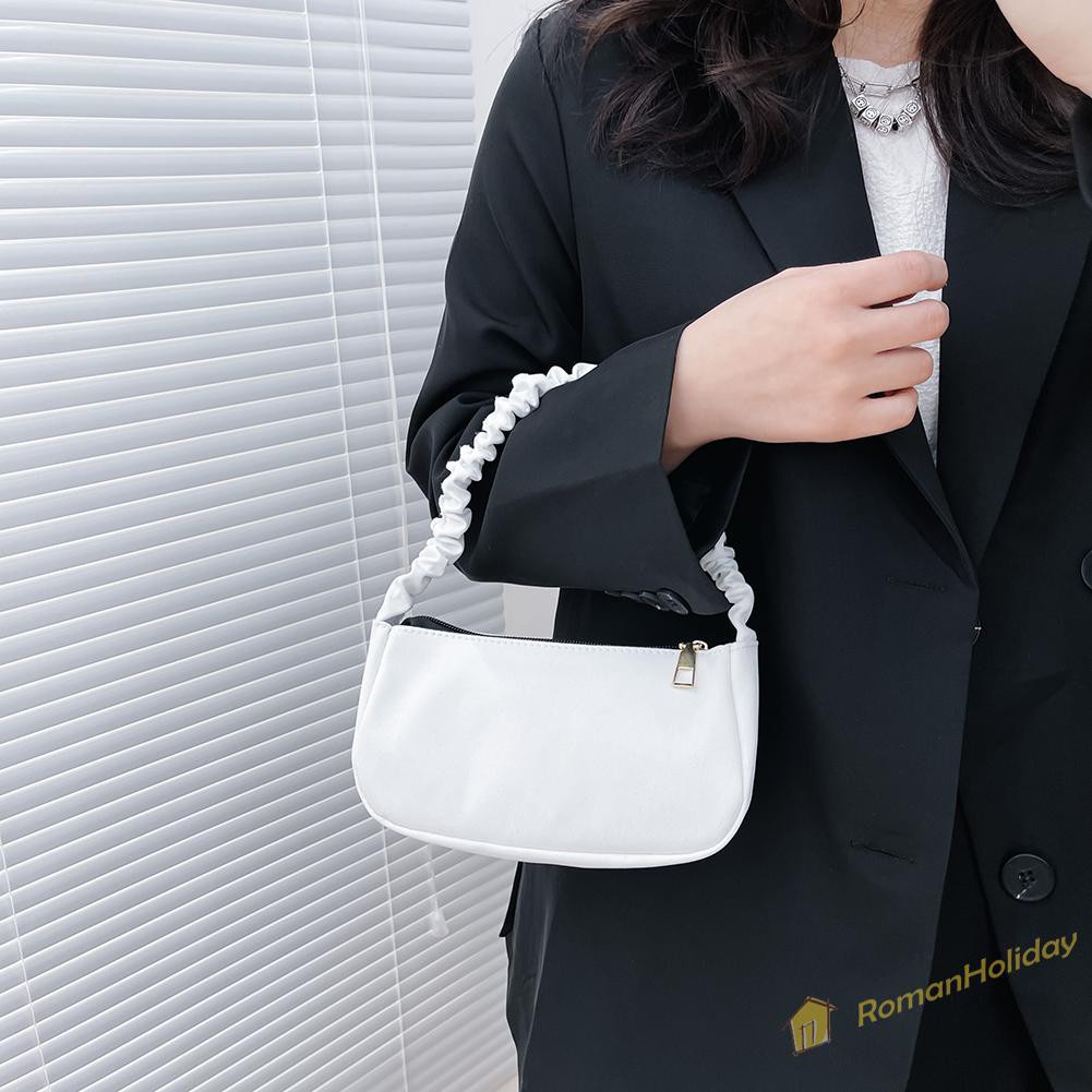 【On Sale】Vintage Women Pure Color Pleated Shoulder Bag Casual Small Handbag Purse