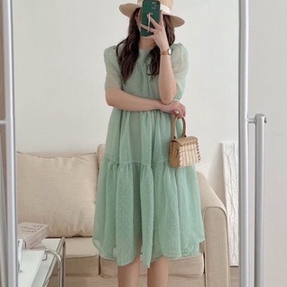 Váy babydoll dáng dài, đầm nữ cộc tay phom rộng dáng suông họa tiết chấm bi 2 lớp freesize  hàn quốc Wikishop C1031