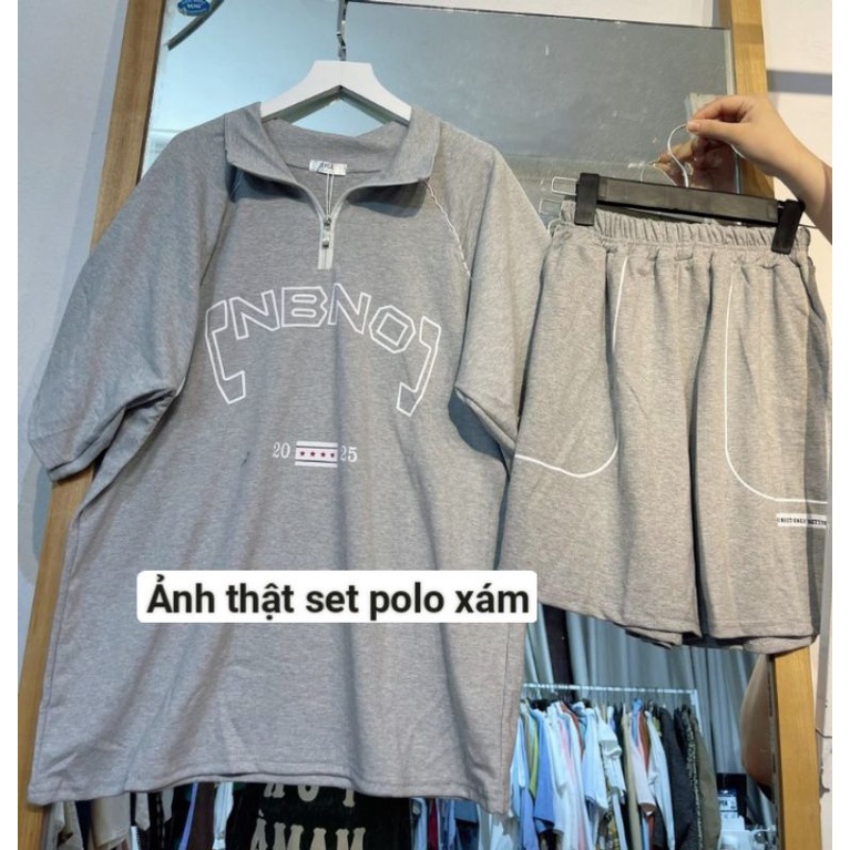 Bộ Thun Polo Chữ NBNO Unisex [FREESHIP]  Set áo form rộng tay lỡ kèm quần short đùi 3158 màu xám kiểu hàn quốc
