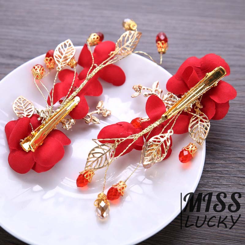 Kẹp tóc hình hoa lá đính đá và ngọc trai màu đỏ sang trọng cho nữ
