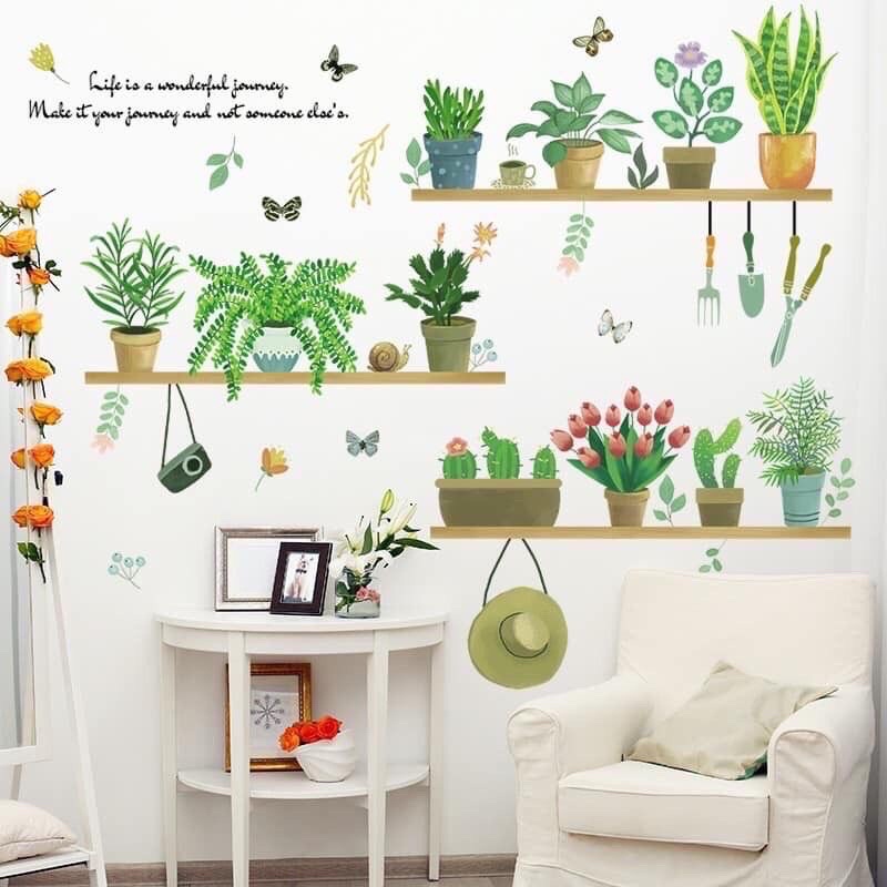 Tranh dán tường, Decal dán tường tán lá rơi và chậu cây
