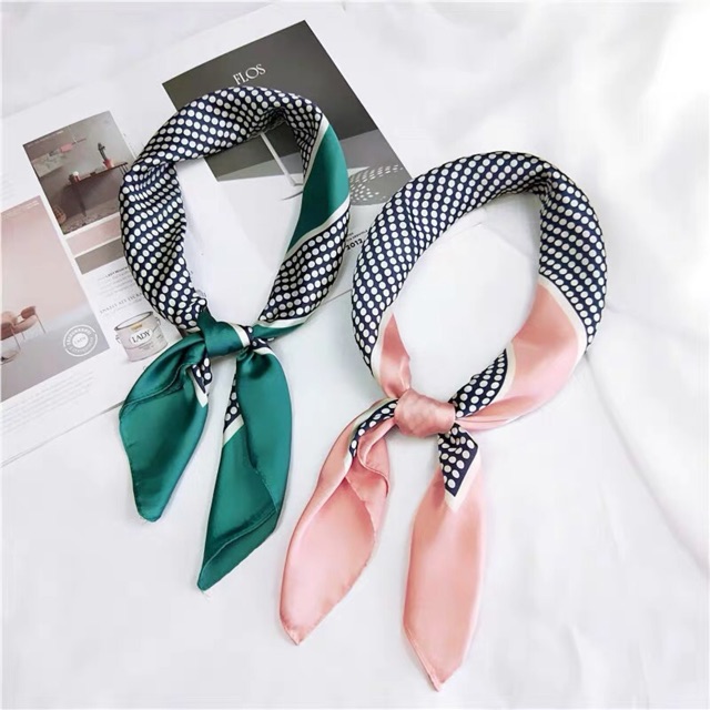 Khăn turban lụa vuông choàng cổ size 70x70cm thanh lịch phong cách nữ tính đa năng dùng làm áo yếm in chấm bi