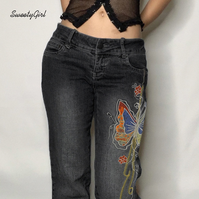 Quần Jeans Ống Rộng Lưng Cao Thêu Hình Bướm Mẫu Mới 2022 Cho Nữ