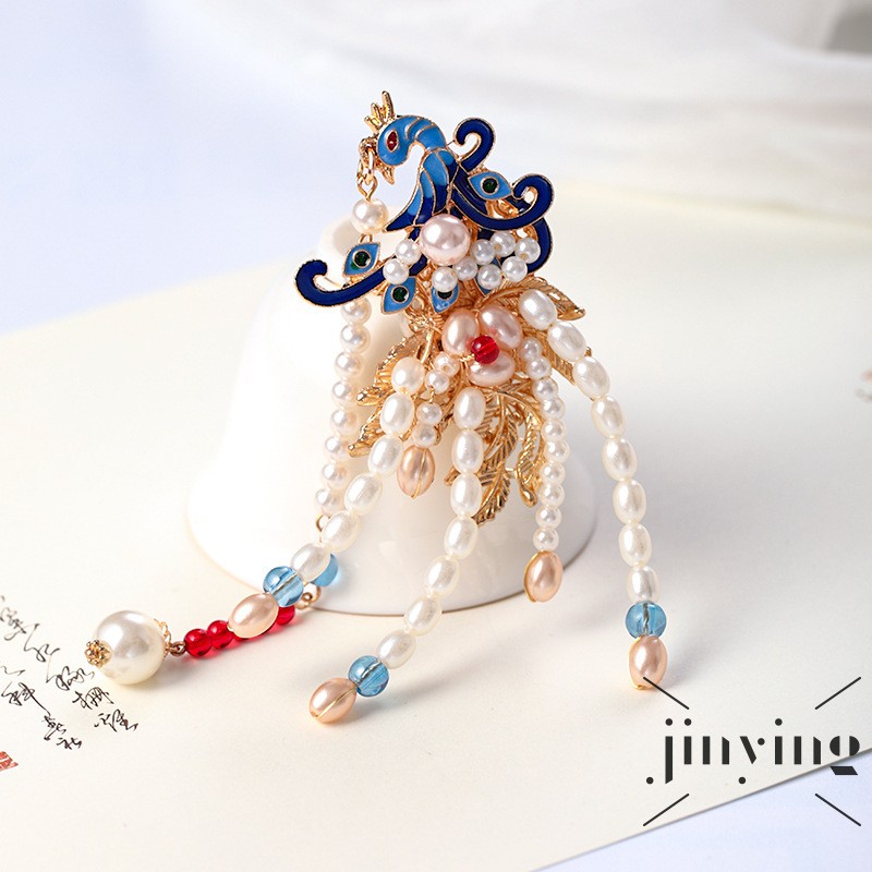 GETNOIVAS Kẹp Tóc Mỏ Vịt Đính Ngọc Trai Phối Tua Rua Phong Cách Retro Trung Hoa