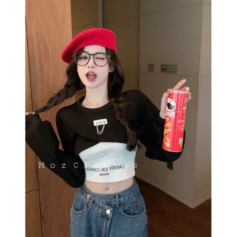 Áo croptop phối xích tay dài dáng lững ôm form tôn dáng sexy quyến rũ phong cách cá tính Hàn ảnh thật