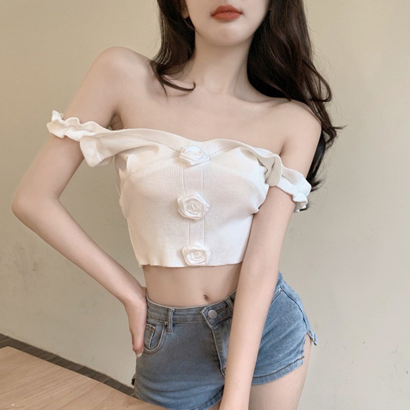 Áo Croptop Dệt Kim Cổ Chữ V Màu Sắc Đơn Giản Phong Cách Hàn Quốc