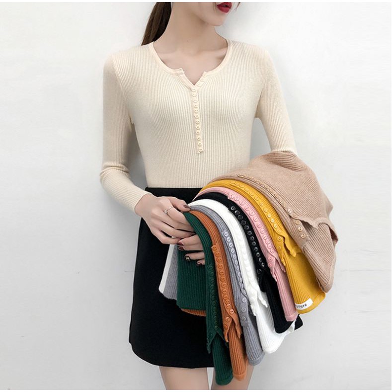 1Z12 Áo len tăm cúc ngực 12 cúc nhỏ phong cách Hàn Quốc Freesize 1026