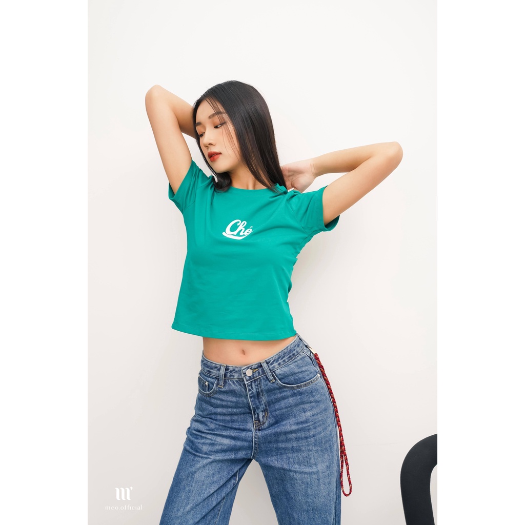 Áo thun tay lỡ Méo shop cổ tròn cotton in chữ Chê dáng croptop