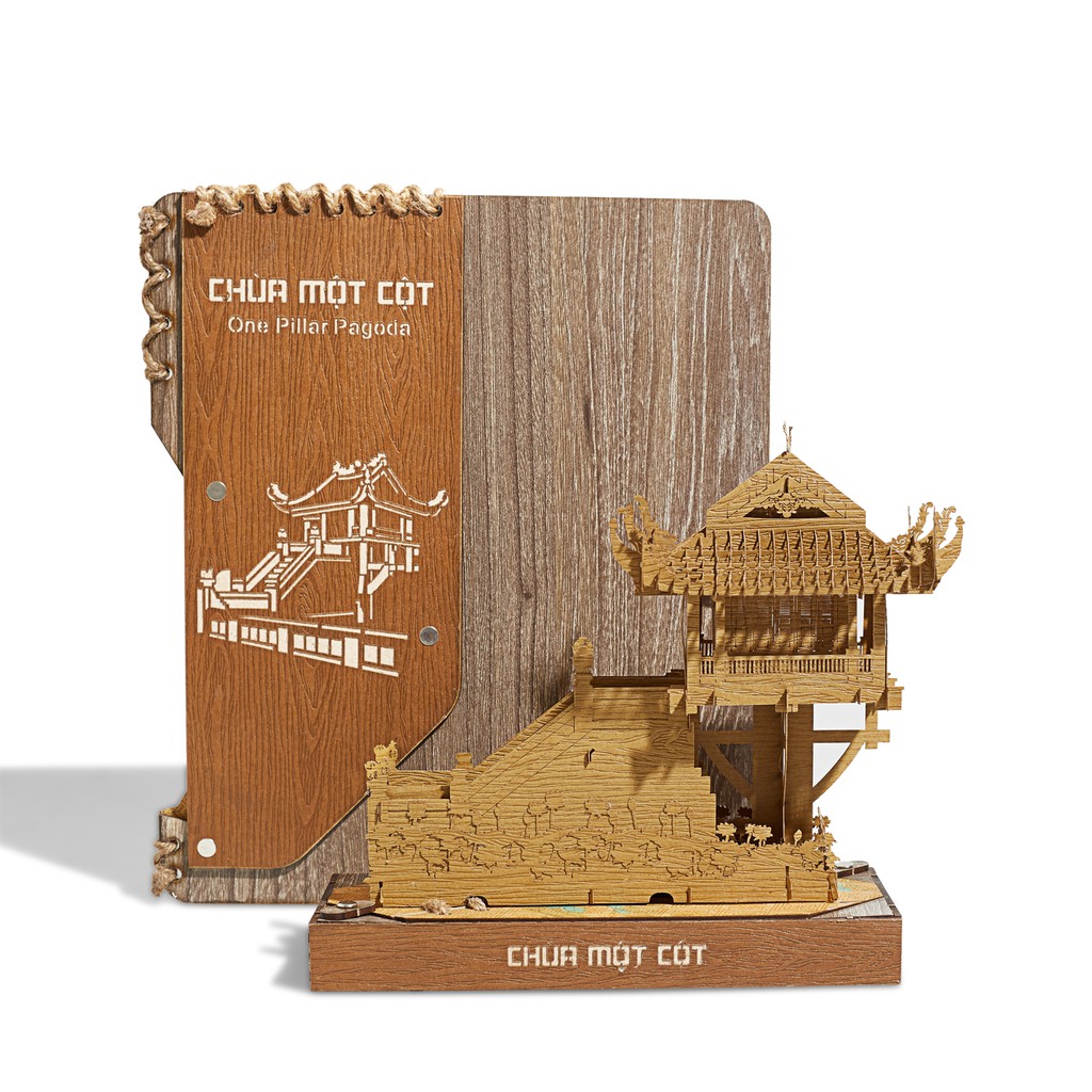 Thiệp 3D bìa gỗ Chùa Một Cột Hà Nội bằng giấy vân gỗ cao cấp - TAYTA