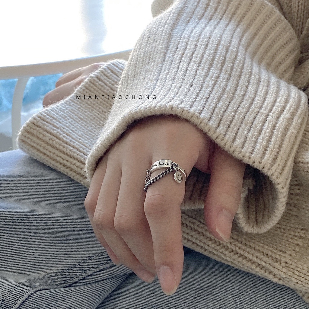 Bộ 2 nhẫn bạc phối hình mặt cười / chữ Good Luck / dây xích thời trang cổ điển cho nữ