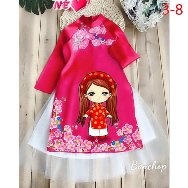 Set Áo dài lụa hình cô gái size 14-40kg