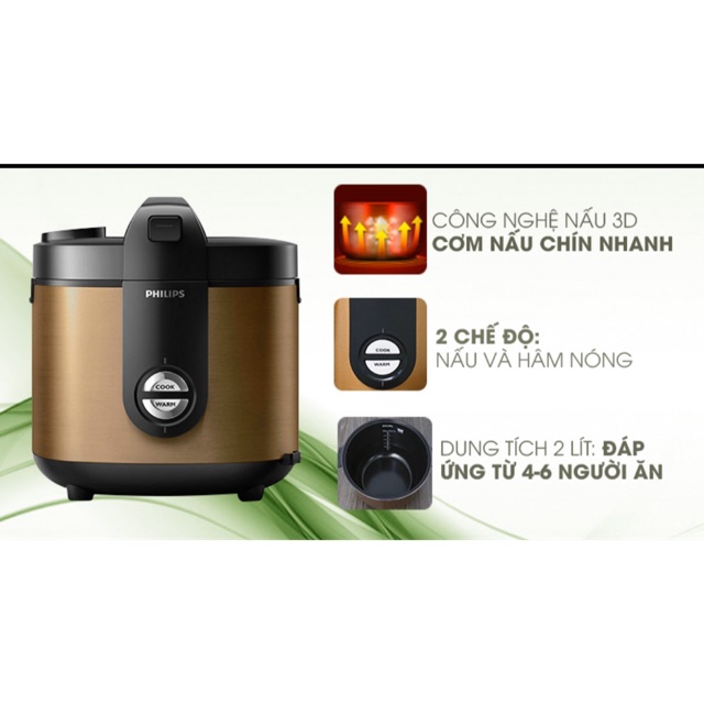 Nồi cơm điện Philips 2 lít HD3132/68 Vàng