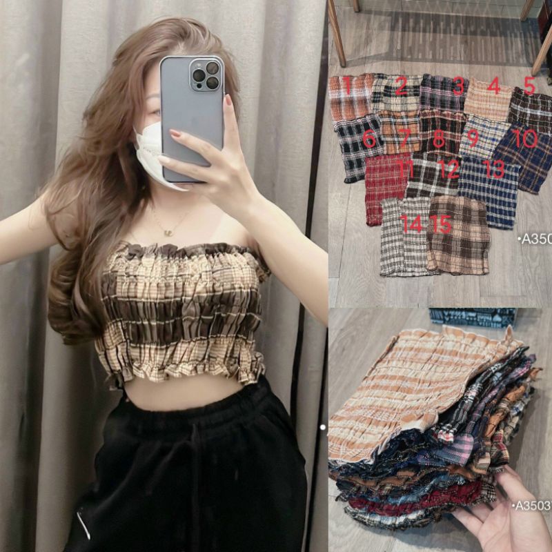 Áo croptop Nữ kiểu ống Áo quây caro BEBEDOLL nhún ôm ngực không đệm sexy gợi cảm