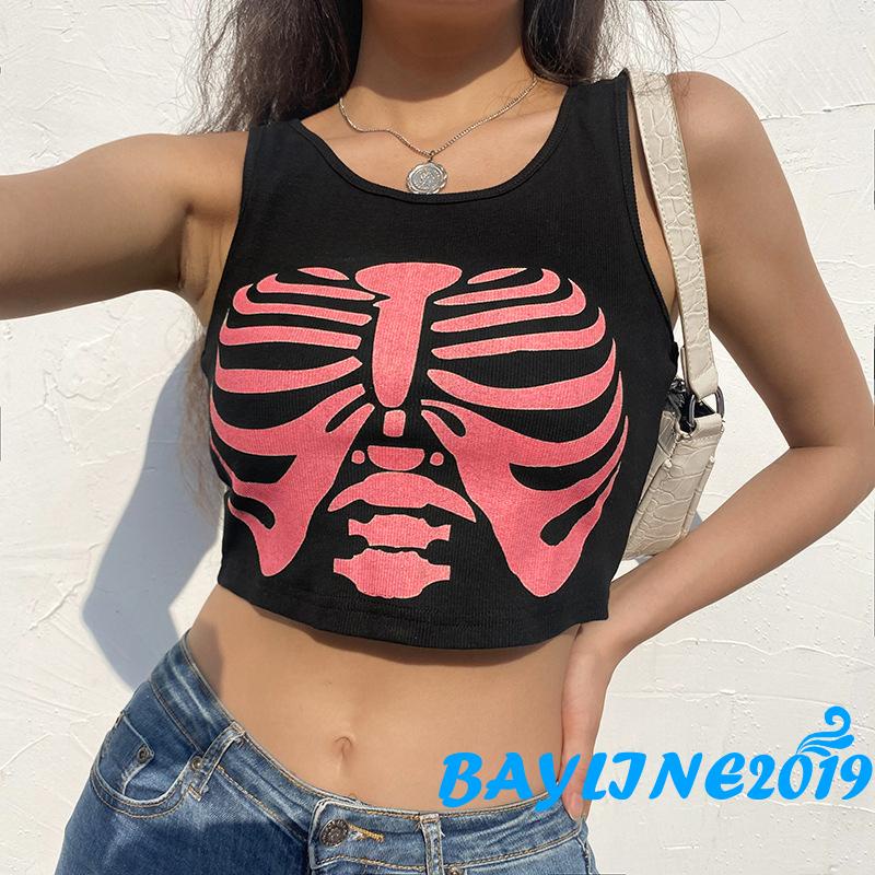 Áo Croptop Dệt Kim Sát Nách In Hình Bộ Xương Cá Tính Cho Nữ