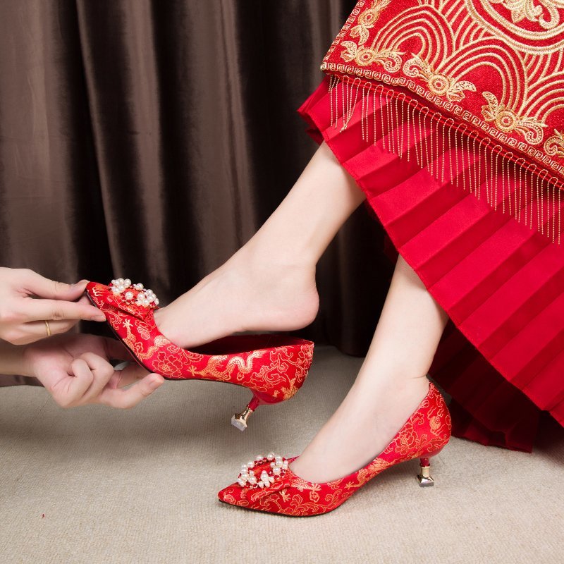 Giày Cưới Cao Gót Nữ Màu Đỏ Thêu Kiểu Trung Quốc Cho Cô Dâu