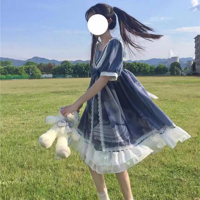 Đầm lolita Ngắn Tay Cổ Thủy Thủ Mềm Mại Theo Phong Cách Nhật Bản váy babydoll