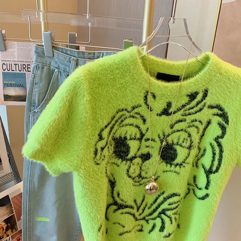 Áo Sweater Dệt Kim Tay Ngắn In Hoạt Hình Cún Kiểu Hàn Quốc Thời Trang Mùa Xuân Cho Nữ