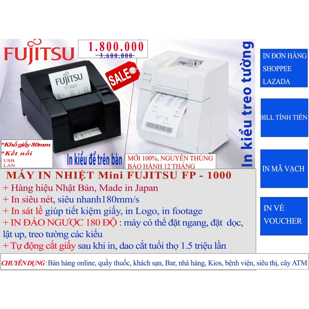 Máy in nhiệt mini treo tường FUJITSU FP-1000 Hàng Nhật - In Bill hóa đơn bán lẻ, tem nhãn mã vạch nhỏ hơn Xprinter HPRT