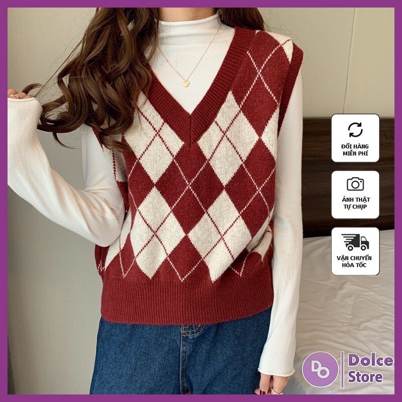 Áo len gile hoạ tiết kim cương Vintage 3 màu Đỏ Đen Nâu len mịn đẹp - Dolce Len05