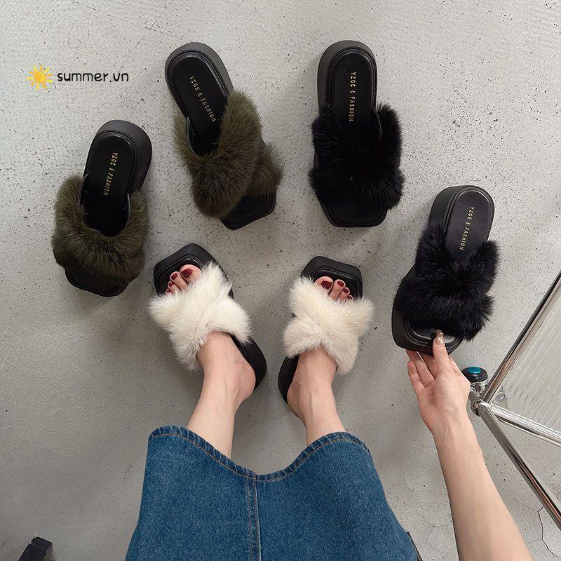 Dép Đế Xuồng Dày Quai Ngang Phủ Lông Thời Trang Mùa Hè 2022 Mới Cho Nữ