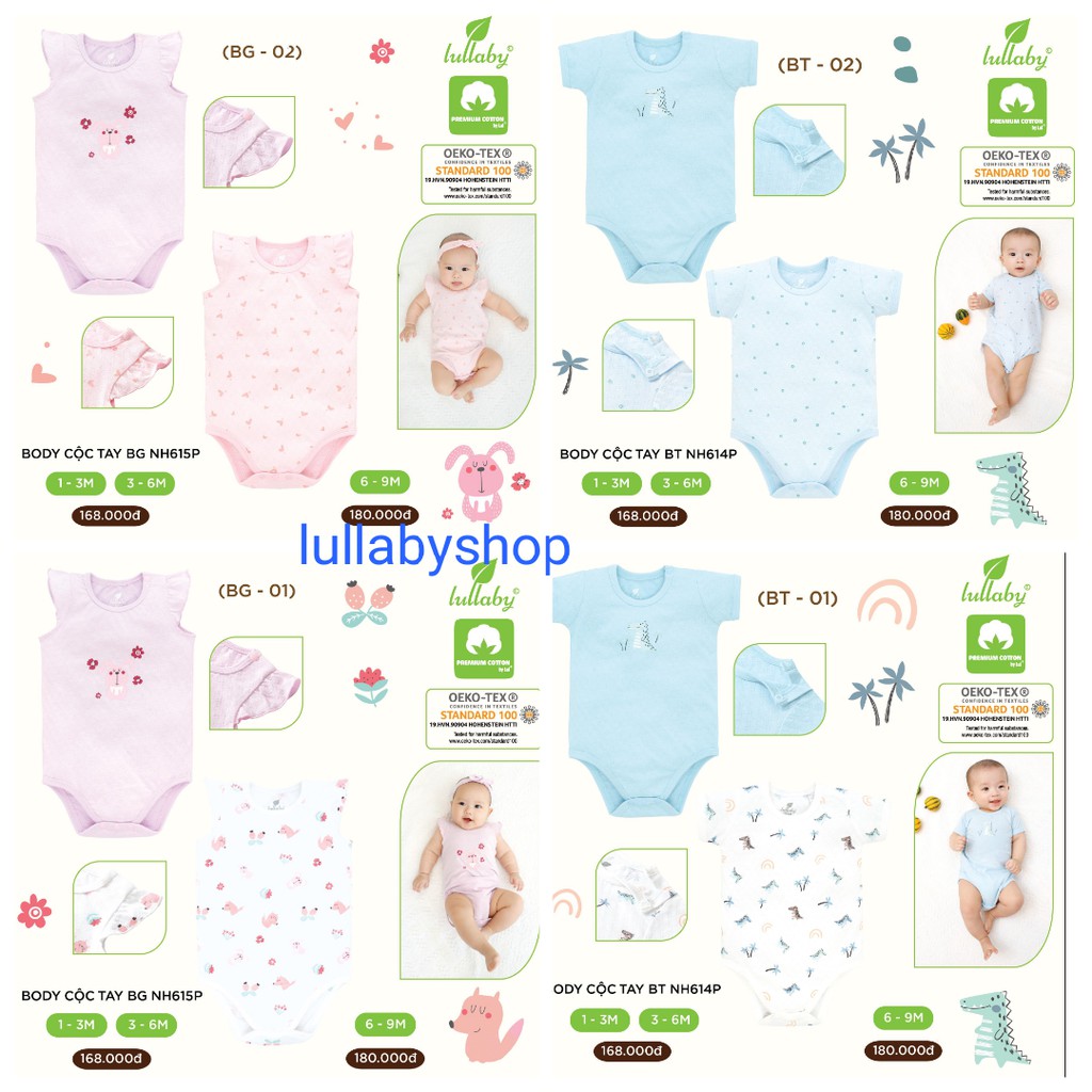 Set 2 body cotton vân thoáng Lullaby NH614P, body cộc tay bé trai, bé gái cao cấp