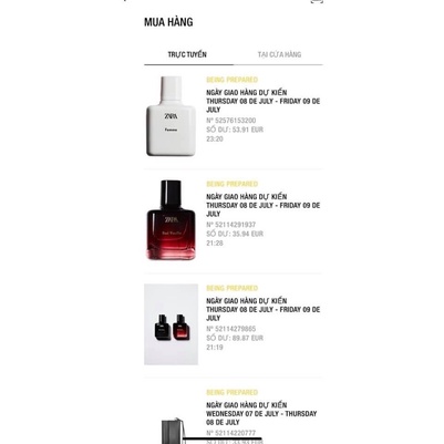 Trả ORDER nước hoa ZARA